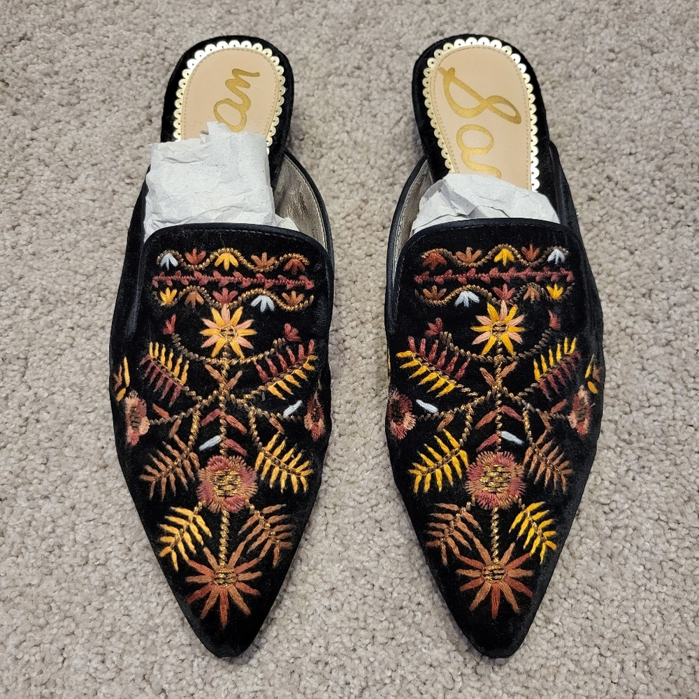 Sam Edelman Ansley Black Velvet Embroidered Mules